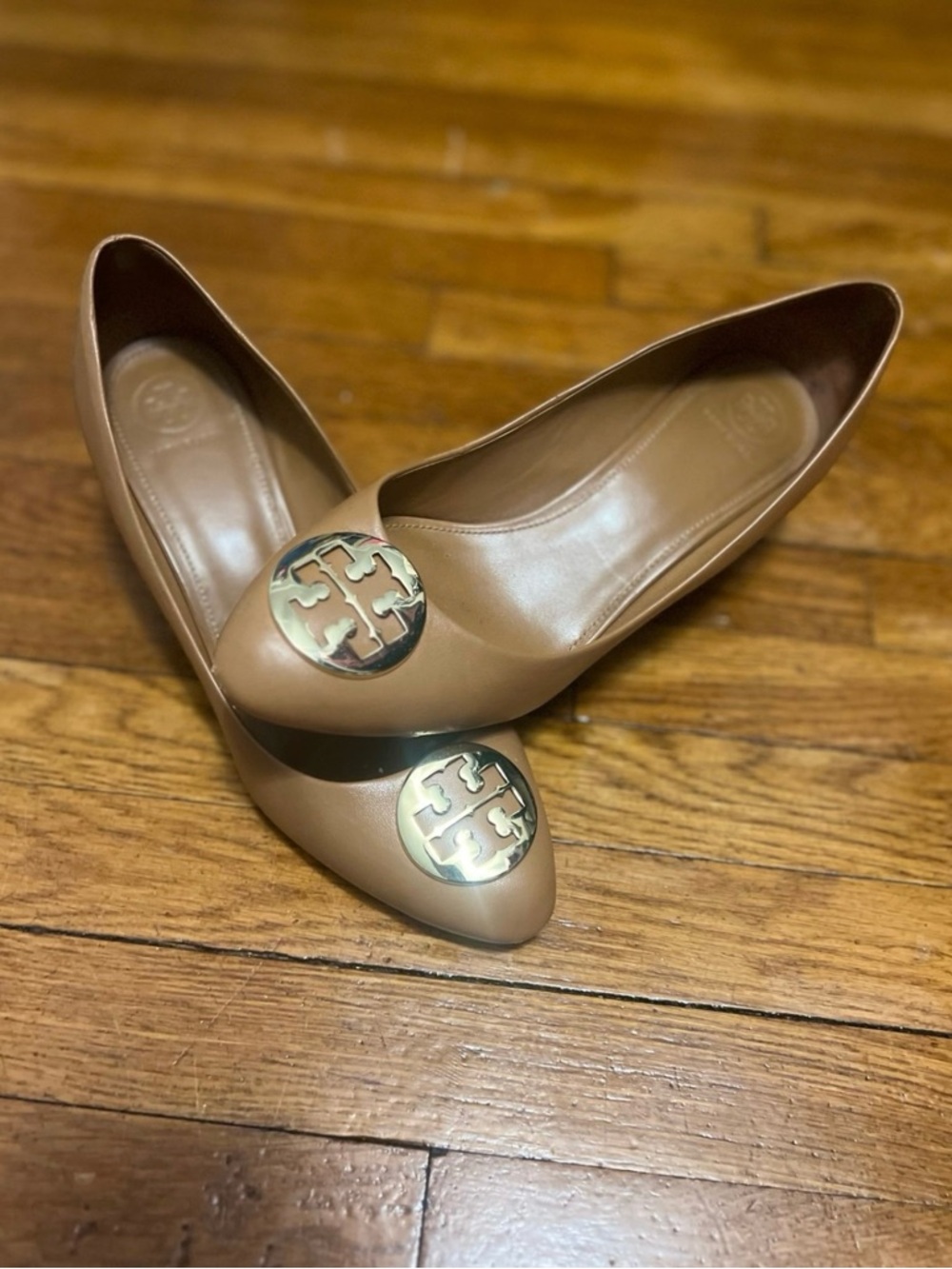 Tory Burch Camel Leather Pointed Toe Wedge with Gold Logo Medallion